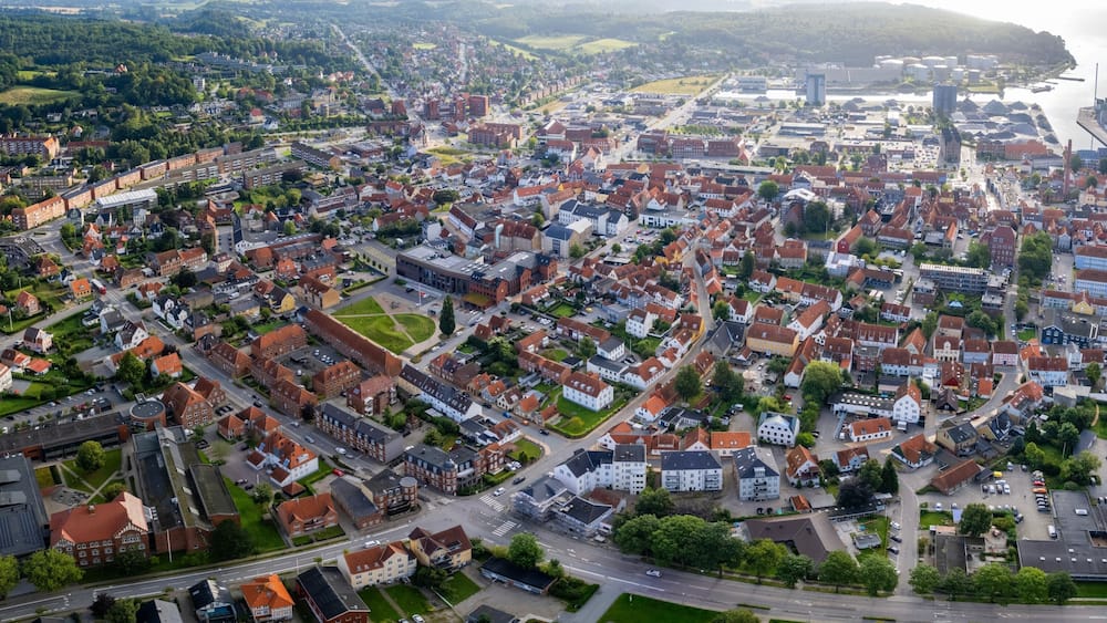 Aerial panorama of the old town of the city Aabenraa in Denmark on a sunny summer morning.