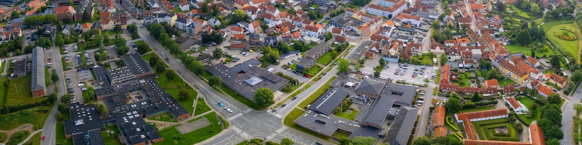 Aerial panorama of the old town of the city Aabenraa in Denmark on a sunny summer morning.