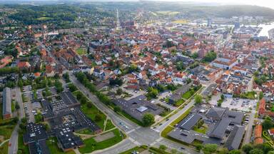 Aerial panorama of the old town of the city Aabenraa in Denmark on a sunny summer morning.
