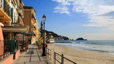 A seaside promenade with buildings, a lamp post, and a beach with waves.