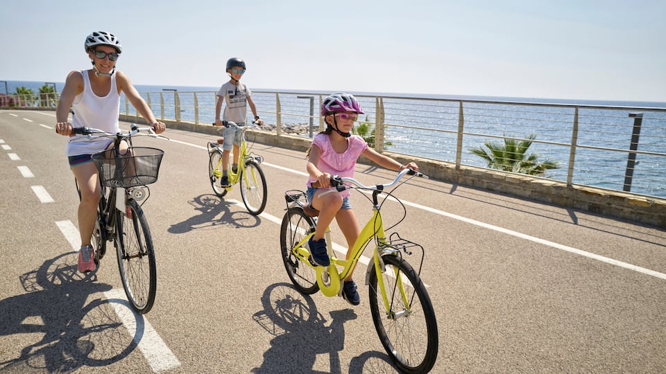 Three cyclists on a coastal road with a metal railing and palm trees in the background.