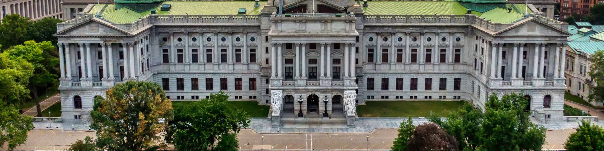 Capitol in Harrisburg, Pennsylvania in sunrise, aerial panoramic view