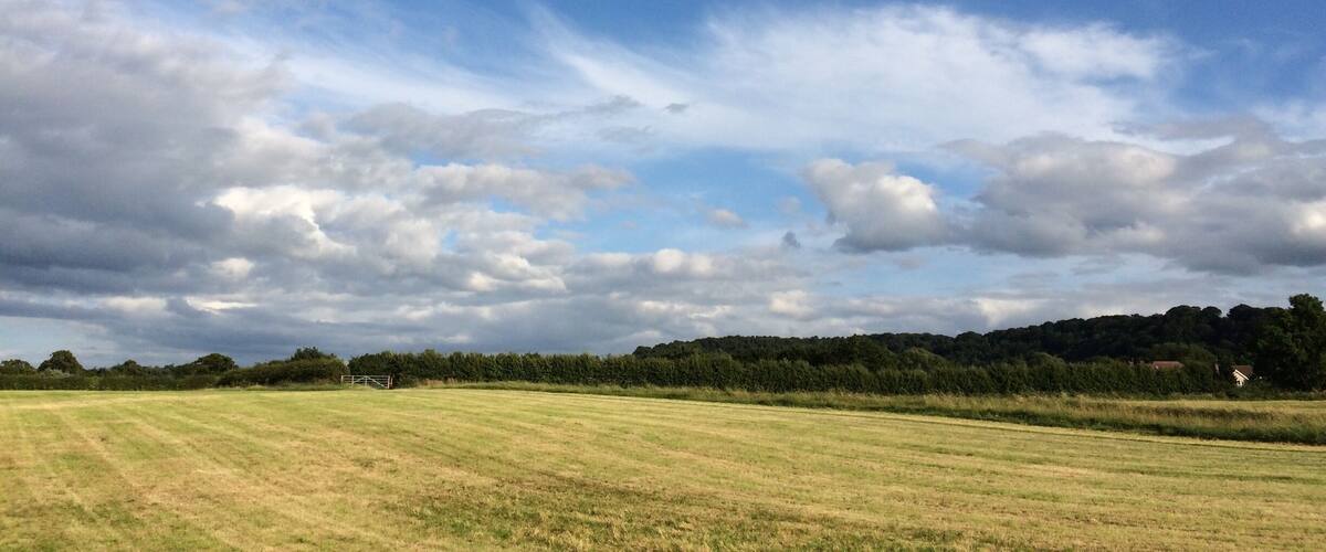 A wide-open field with a clear sky and scattered clouds.