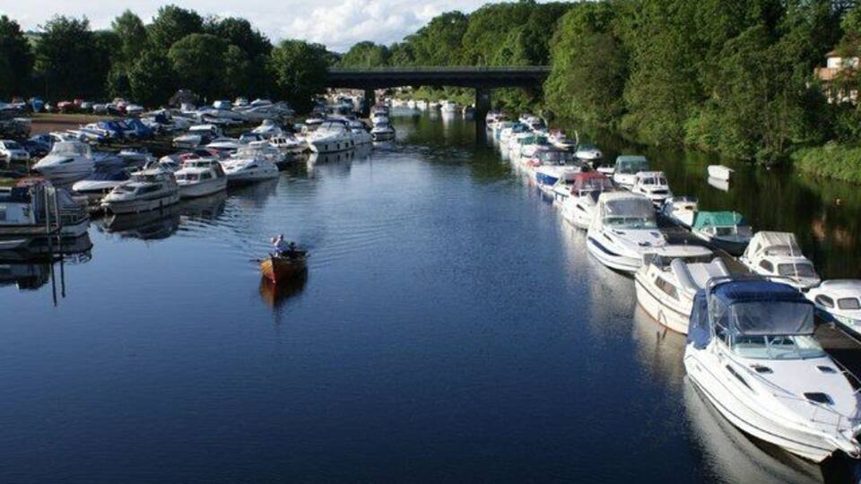 Een jachthaven met tal van boten die langs een rivier liggen, een brug op de achtergrond en bomen langs de rivieroever.