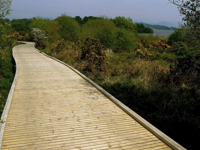 A wooden boardwalk curving through a natural landscape with dense vegetation and a body of water in the background.
