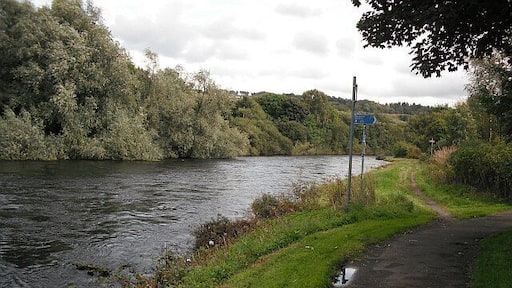 River Leven The cycle path (NCN 7)leaves the river ever so briefly to rejoin it a few metres on by path and about 1km further on by river. The river forms a big loop here and the path just cuts across the neck.