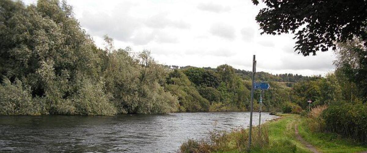 A river with a path alongside it, surrounded by greenery and trees.