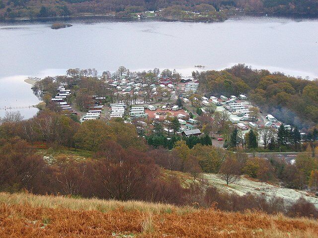 Inverbeg caravan site. The substantial alluvial fan of the Douglas Water has been almost entirely given over to a caravan park. The extent of this is unknown to those passing along the A82, but clearly visible from the hillside above.