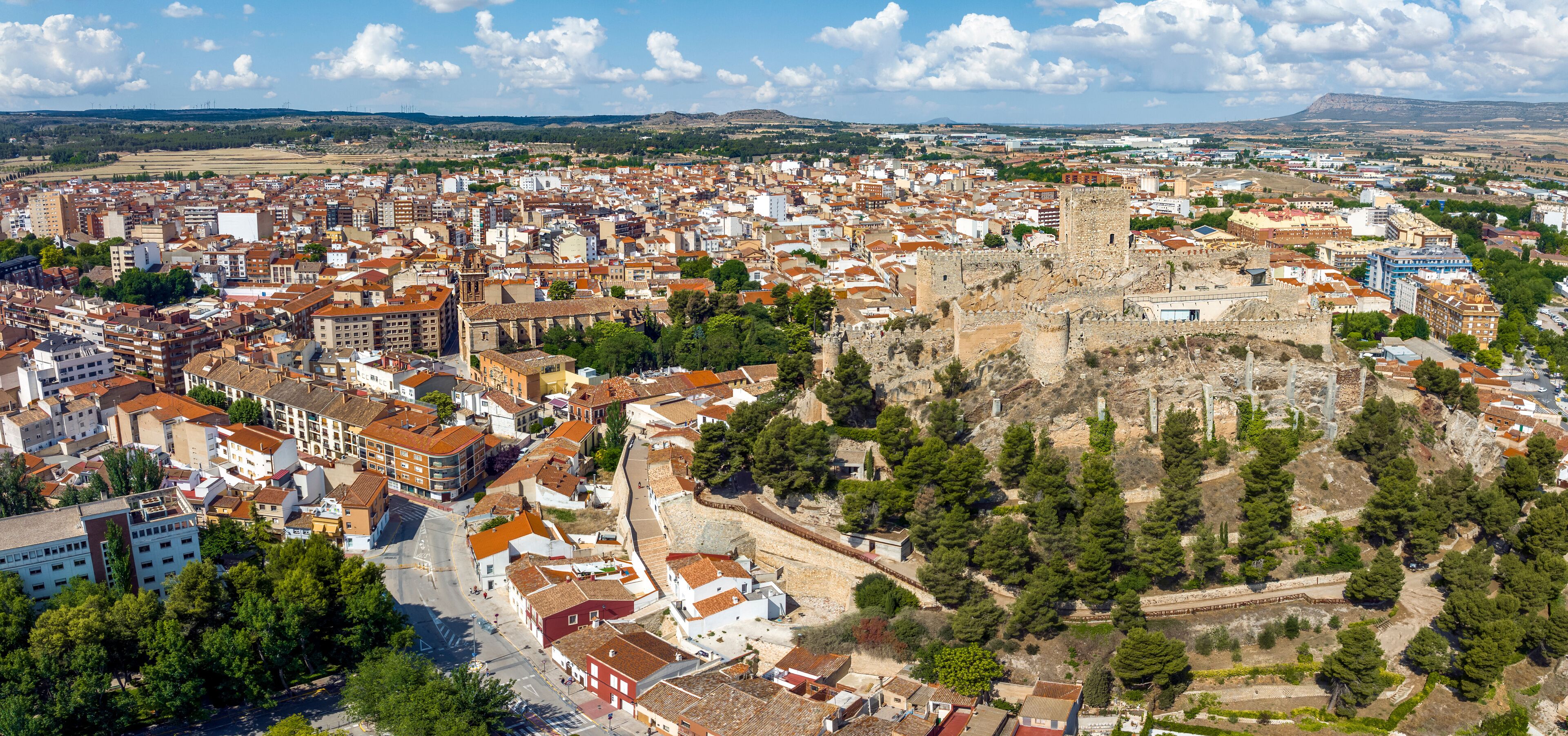 A cityscape with a prominent castle and surrounding buildings.