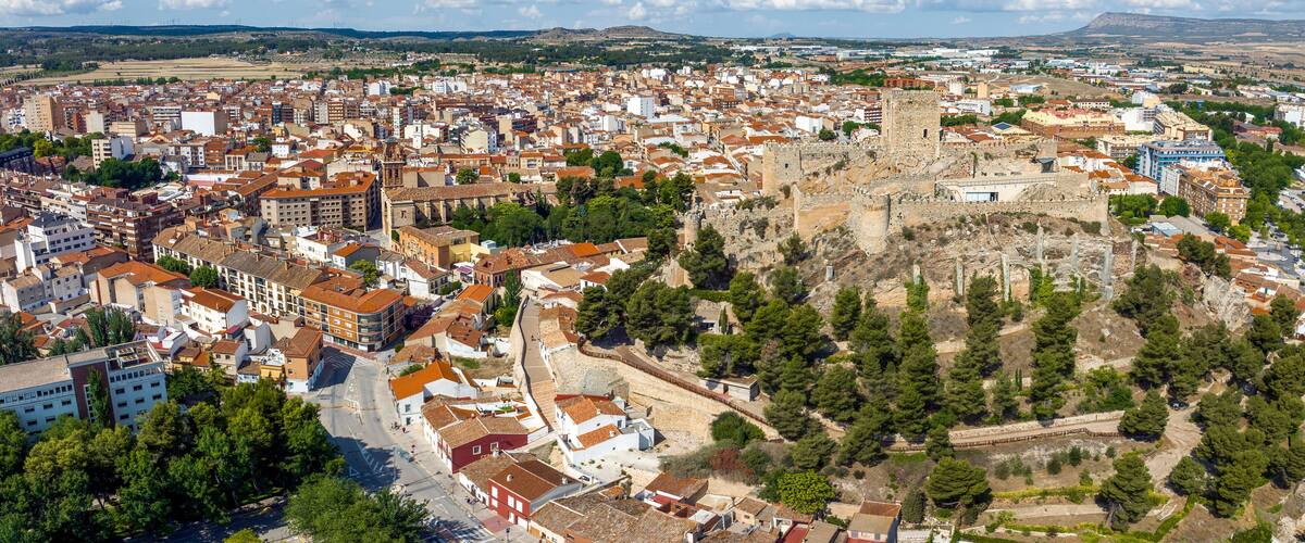 A cityscape with a prominent castle and surrounding buildings.