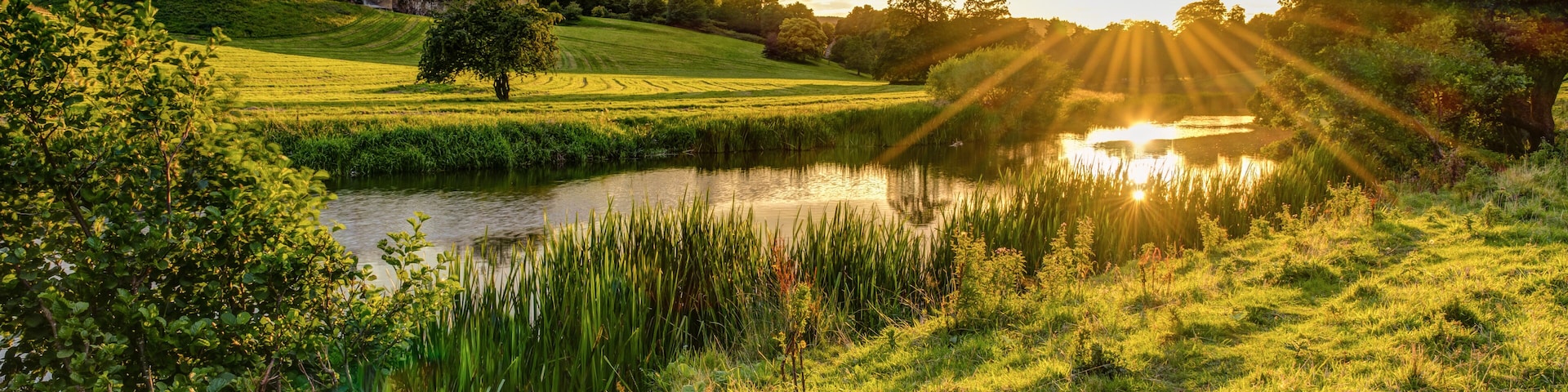 Sunbeams over River Aln at Alnwick / The River Aln runs through Northumberland from Alnham to Alnmouth. Seen here below Alnwick Town and Castle on the skyline, as the sun goes down