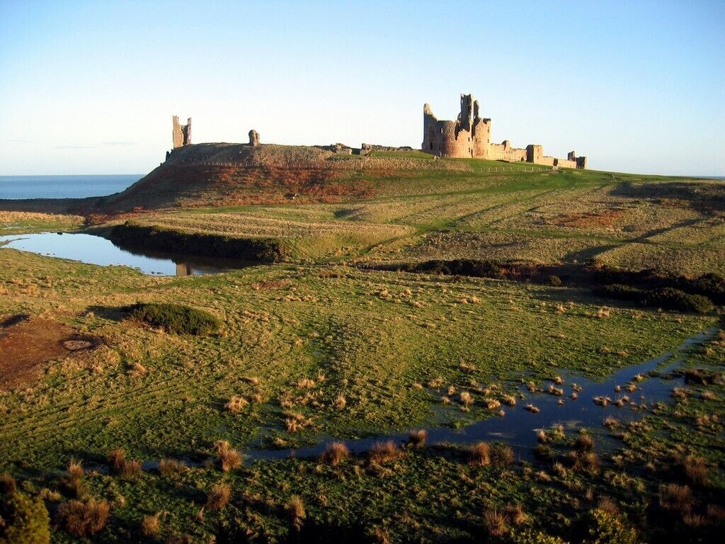 A historic castle on a grassy hill overlooking a body of water.