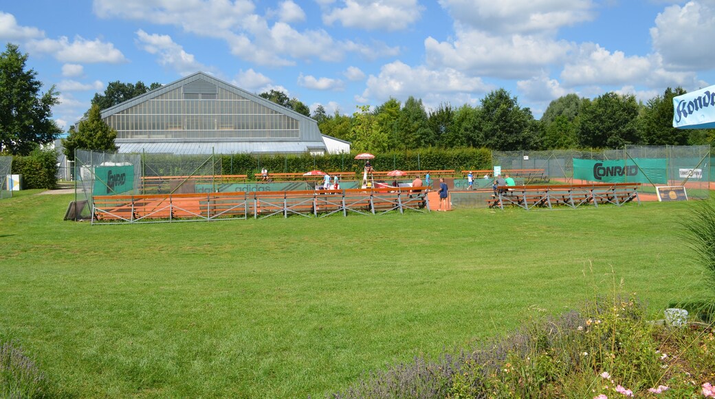 Anlage des TC Amberg am Schanzl August 2016 - Blick von Terasse auf M-Platz