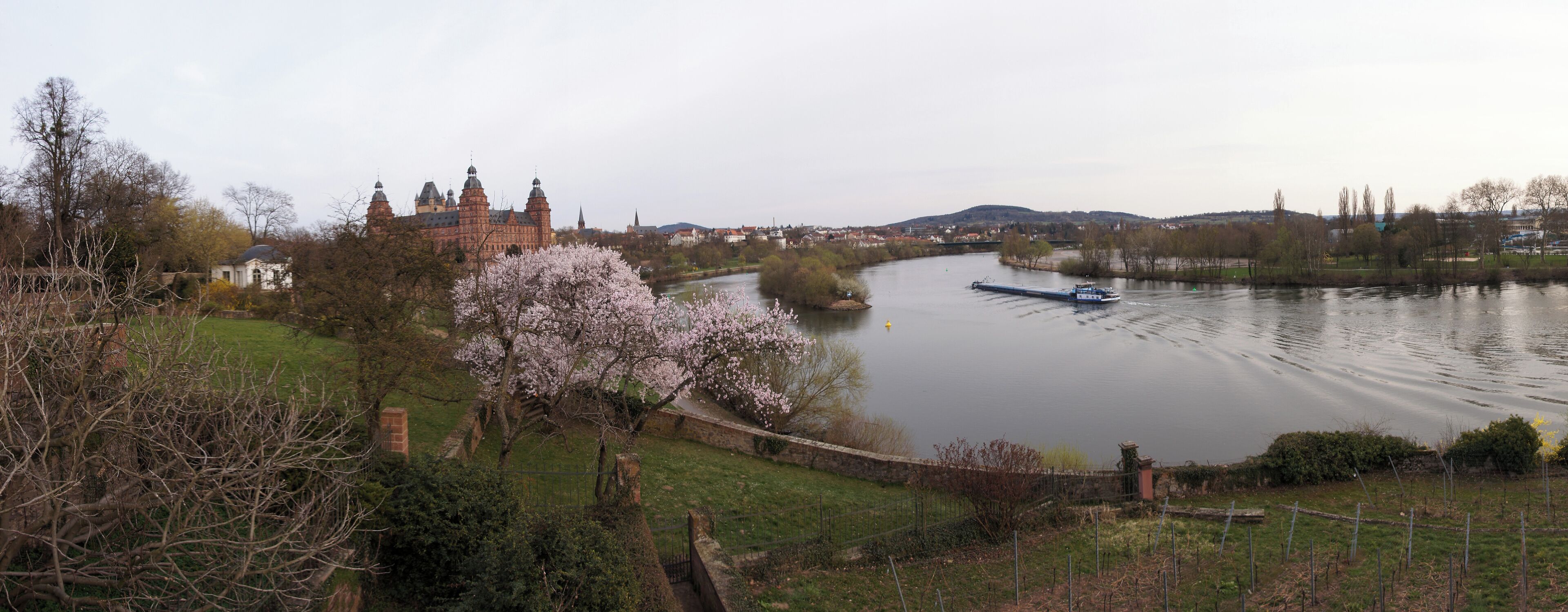 A river with a barge, a historic building, and cherry blossoms.