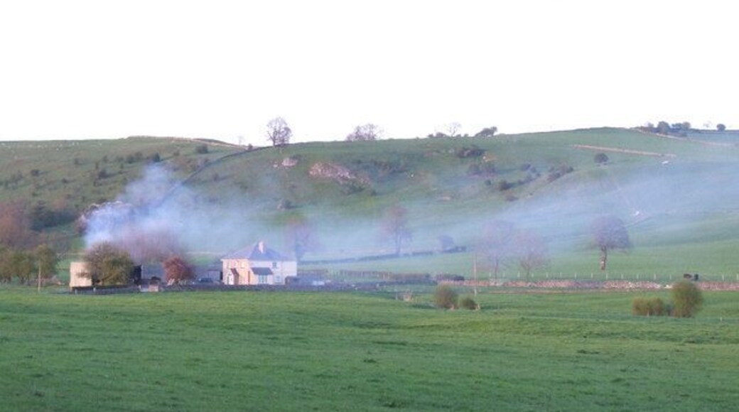 Near Parwich. The photo shows bonfire smoke drifting across Dulands Farm.