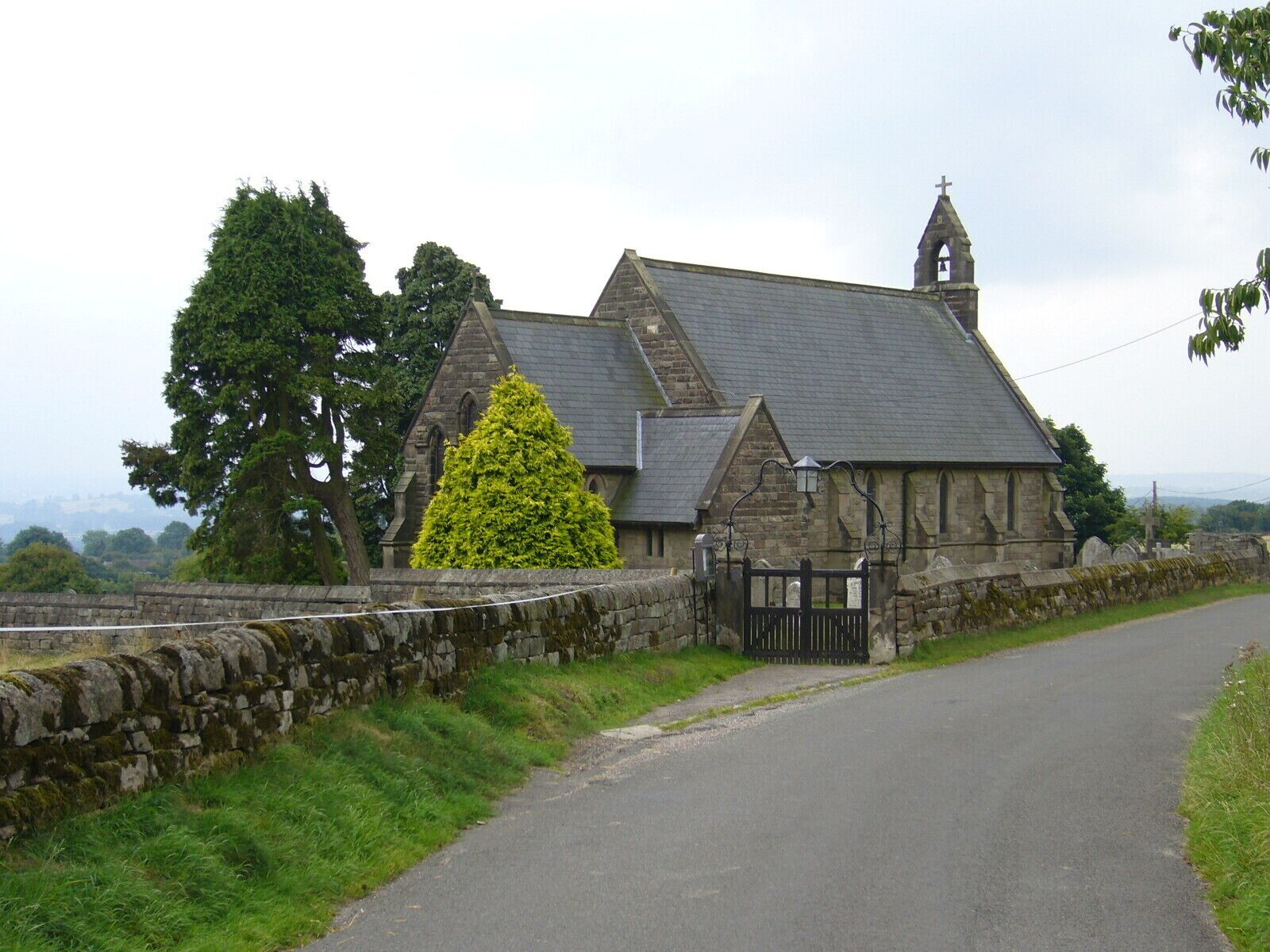 A stone church with a bell tower and a large coniferous tree in front.