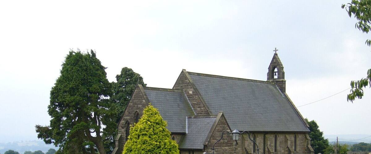 A stone church with a bell tower and a large coniferous tree in front.