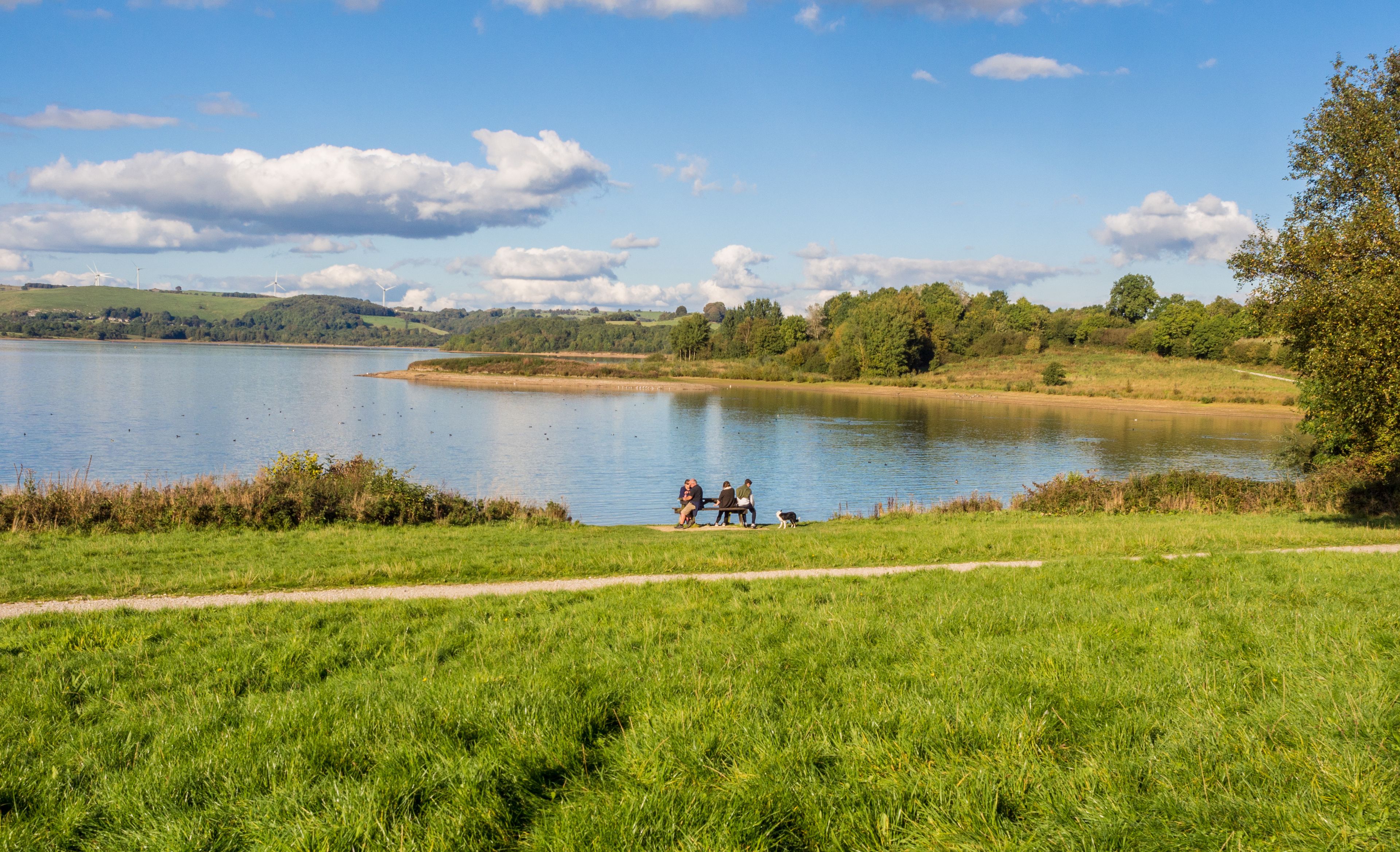 Ein See mit einer grünen Wiese im Vordergrund, einem Weg und einer Gruppe von Personen, die auf einer Bank sitzen.