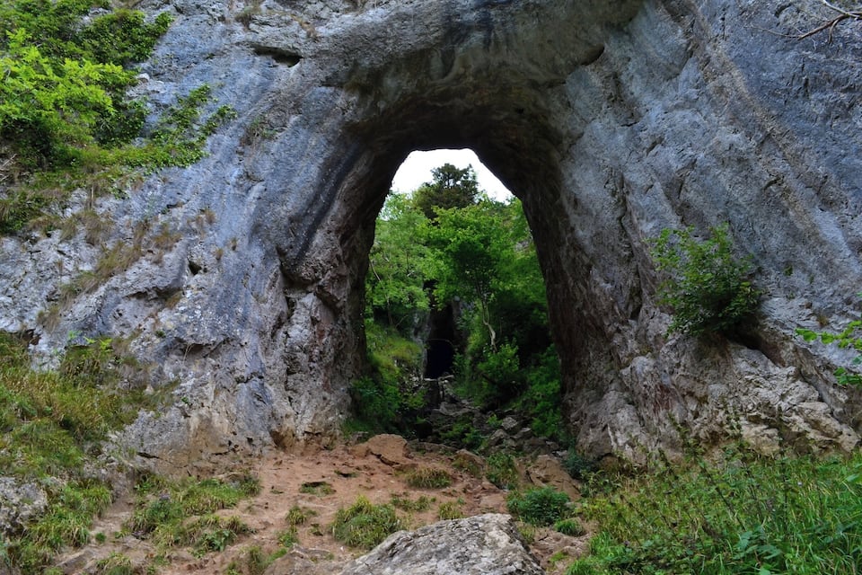 A natural rock arch formation surrounded by greenery.