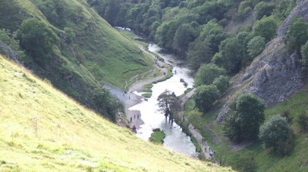 (River) Dove from above Lower arm of Dove Dale, below the stepping stones, taken from part-way up Thorpe Cloud. Keywords: dove dale, river, hill, peaks, peak district, derbyshire