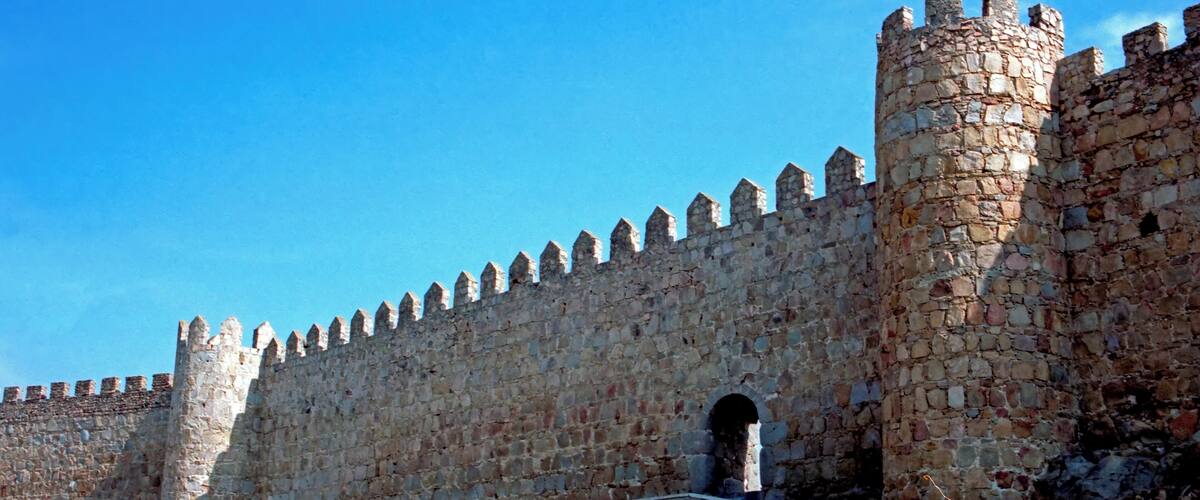 A stone castle with a high wall and a large tower.