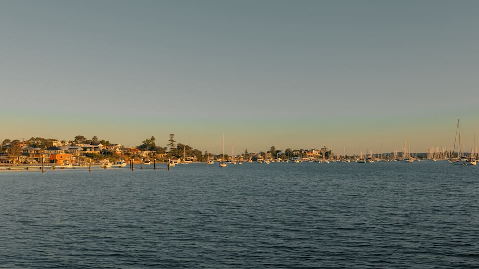 Houses lining the shoreline at Lake Macquarie illuminated by late afternoon sunlight