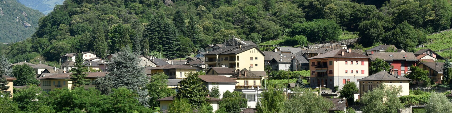 Un pueblo en la ladera de una colina, con casas ubicadas entre árboles verdes y montañas al fondo.