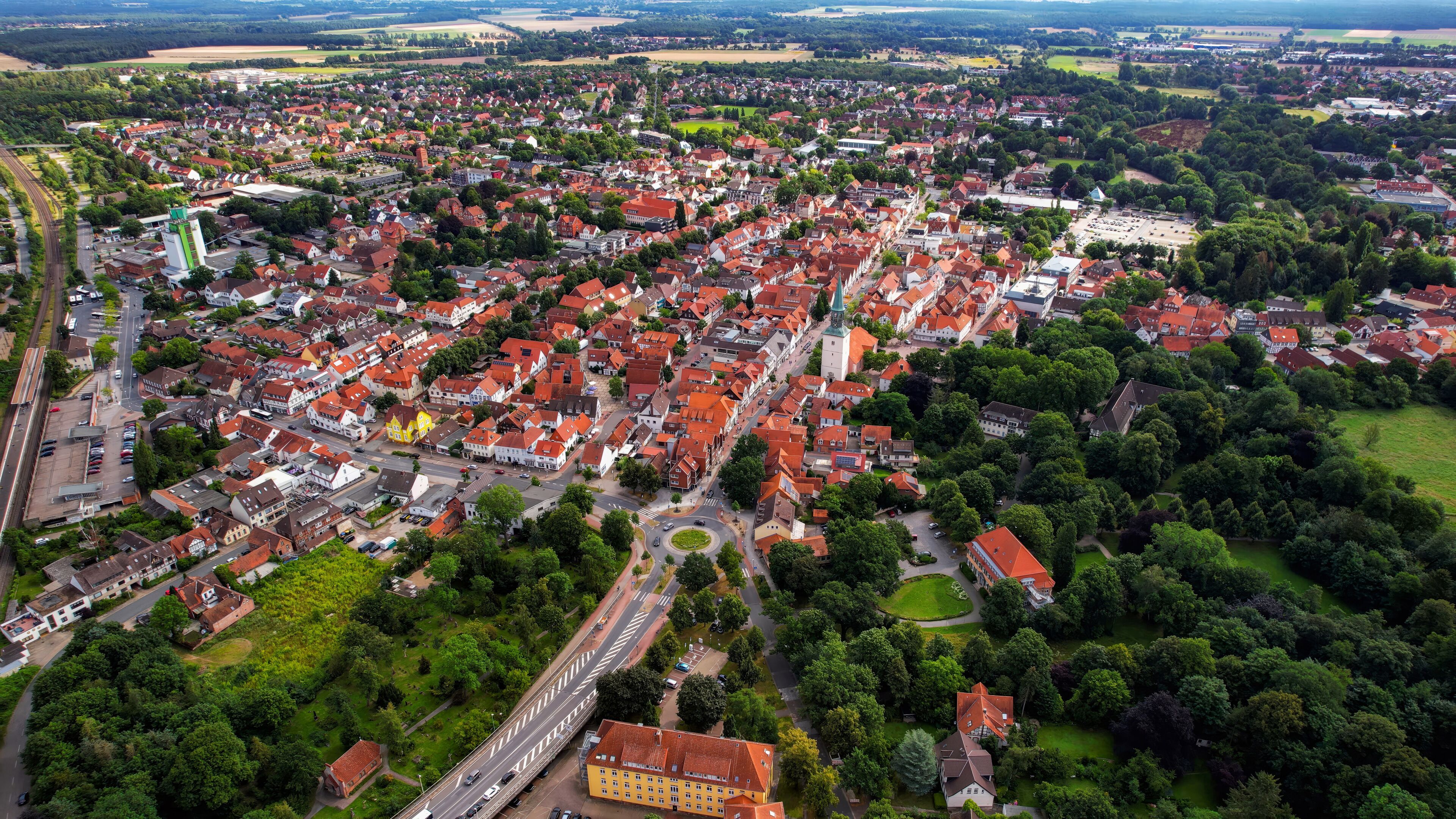Aerial view around the old town in the city Burgdorf on an sunny spring day	