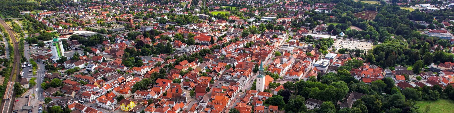 Aerial view around the old town in the city Burgdorf on an sunny spring day