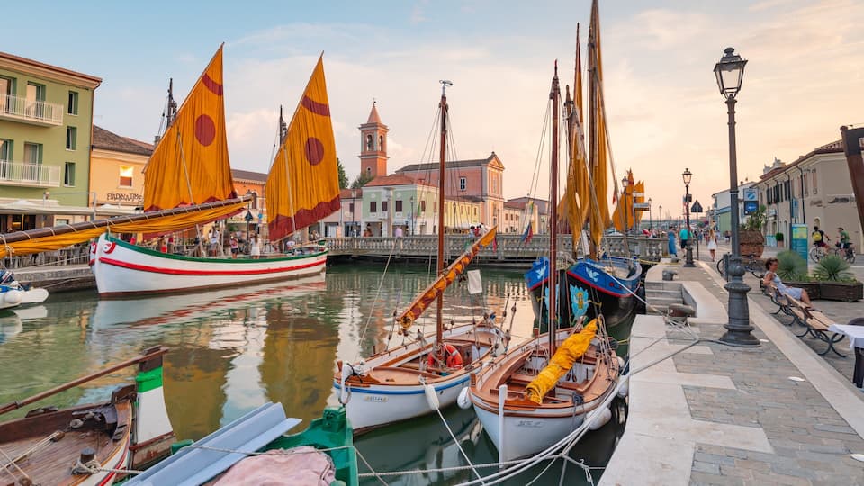 A harbor with several sailboats docked, a bridge, and historic buildings along the waterfront.