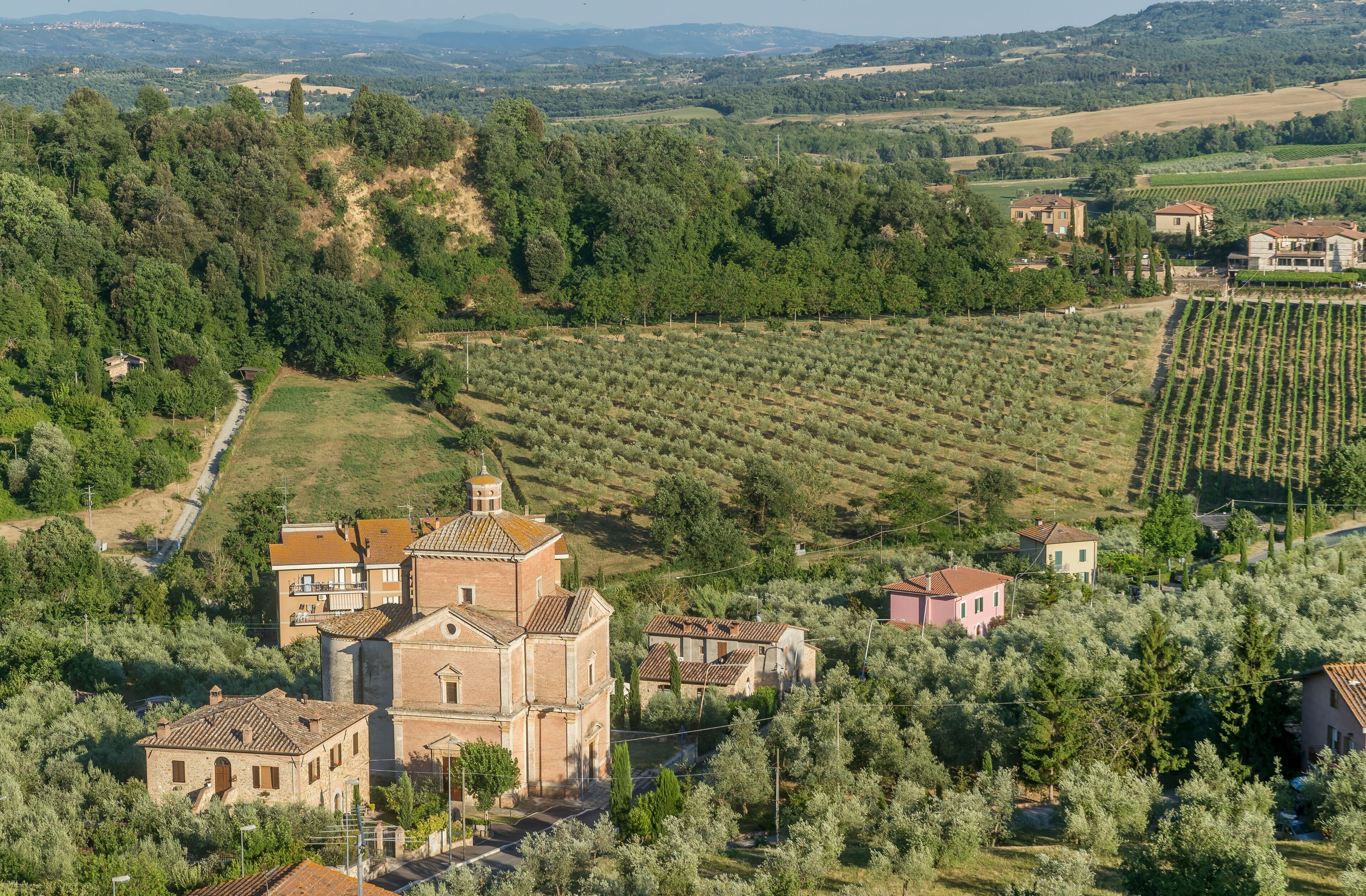 Magnificent aerial view of the Church of the Madonna della Rosa, Chianciano Terme, Siena, Tuscany, Italy