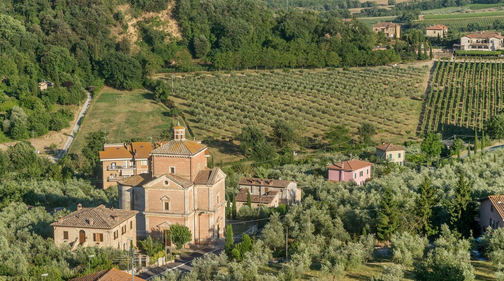 Magnificent aerial view of the Church of the Madonna della Rosa, Chianciano Terme, Siena, Tuscany, Italy