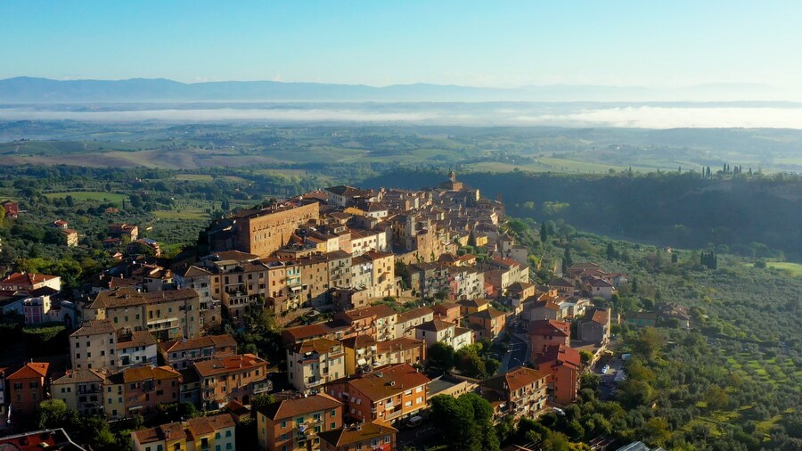 Aerial view of a magnificent landscape of the Italian village Chianciano, authentic village of Terme, Tuscany Italy