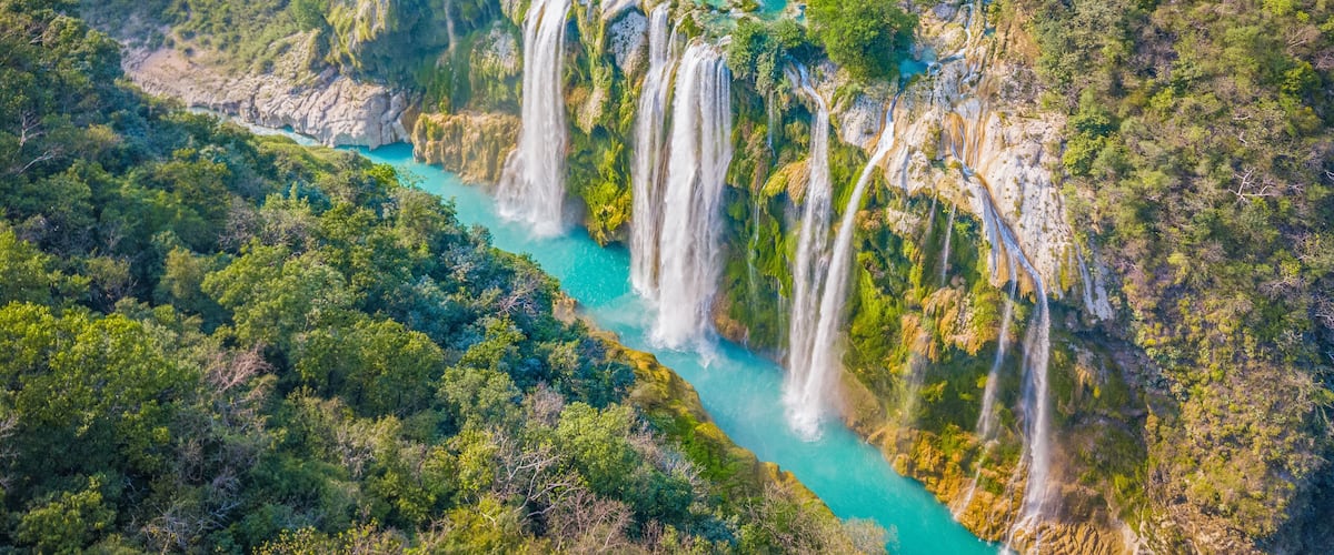 A waterfall cascading down a rocky cliff surrounded by dense green forest.