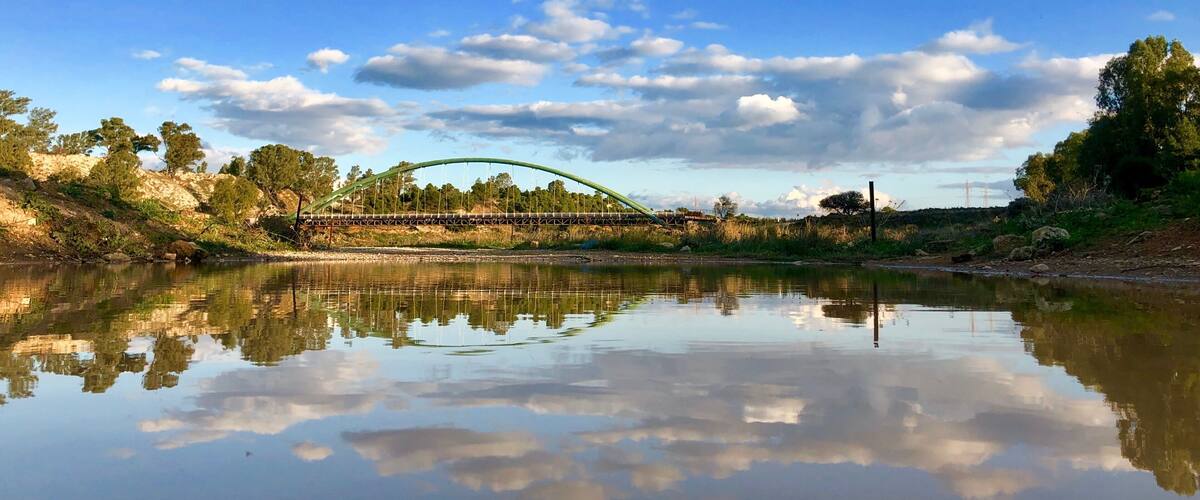 A river with a bridge, trees, and a clear sky.