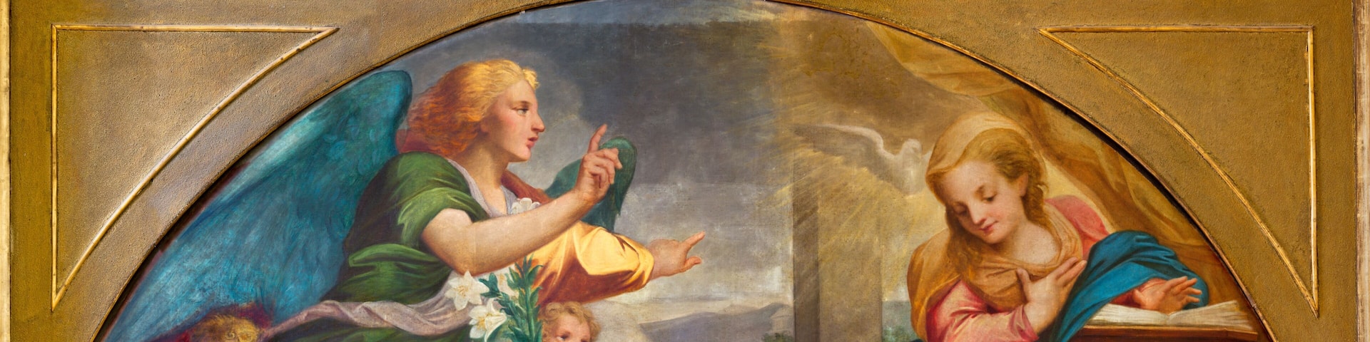 PARMA, ITALY - APRIL 16, 2018: The paintig of Annunciation in church Chiesa della Santissima Annunziata as the copy of fresco by Correggio (1520).