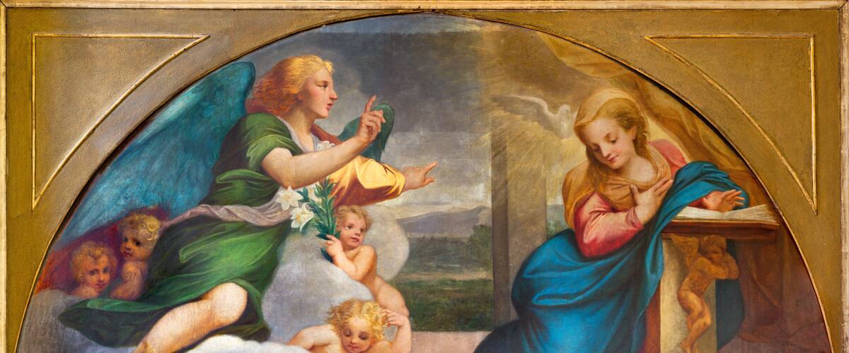 A classical painting with an angelic figure, a child, and a woman in a blue robe.