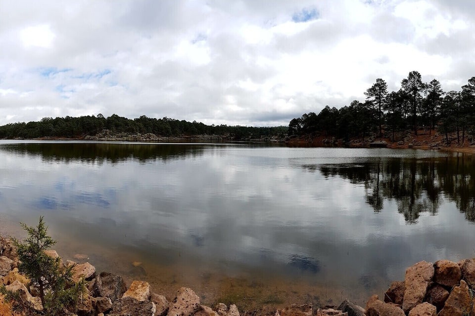 Un lago tranquillo circondato da terreno roccioso e fitta foresta.