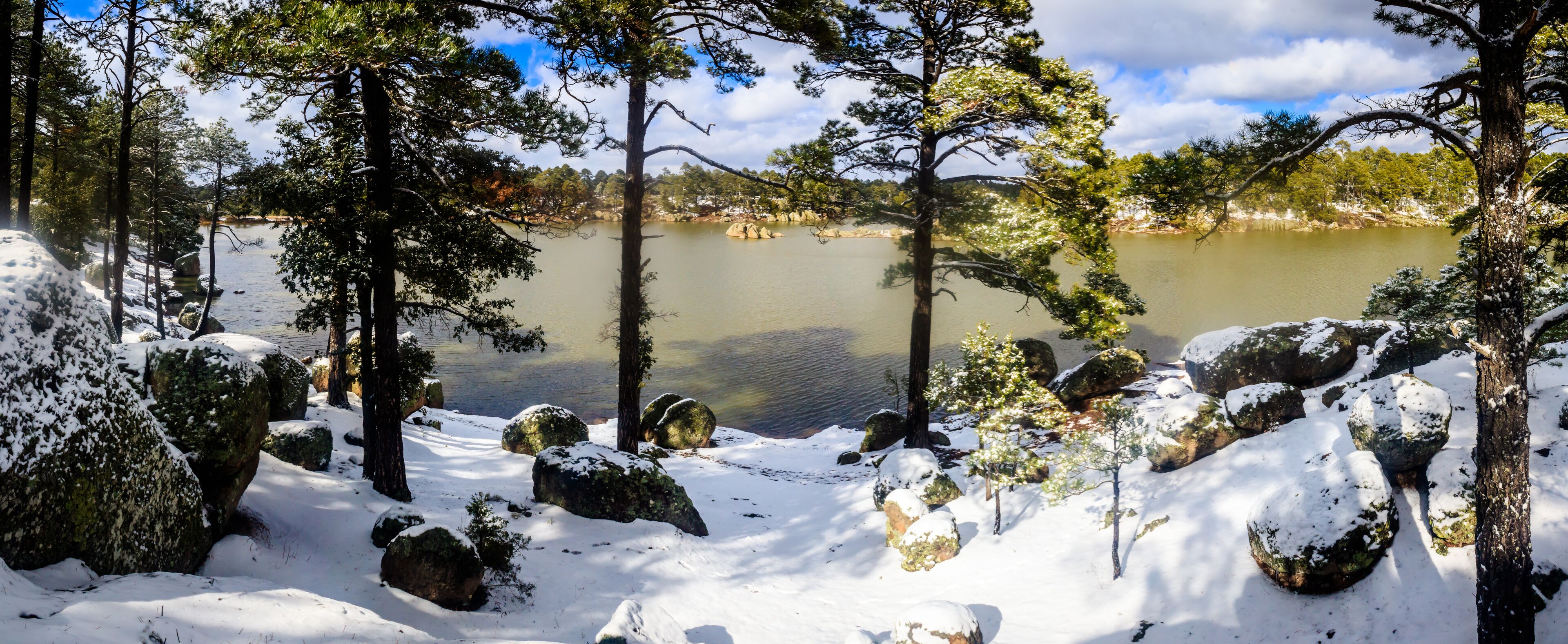 panoramic of lake at winter with snow and forest around with clouds in the sky, arareco lake in creel chihuahua
