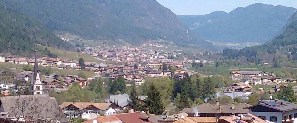A valley with a town surrounded by mountains and greenery.