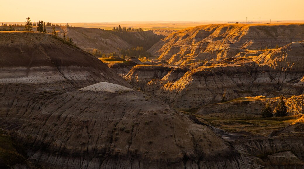 Drumheller showing landscape views, a sunset and a gorge or canyon