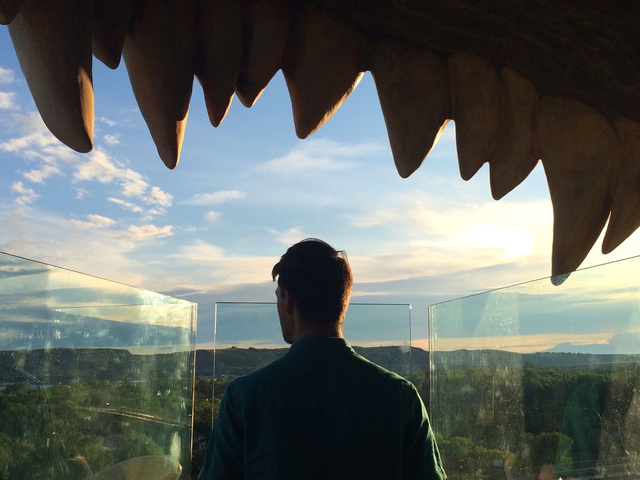 Inside a giant dinosaur's mouth....His breath wasn't so bad ;)