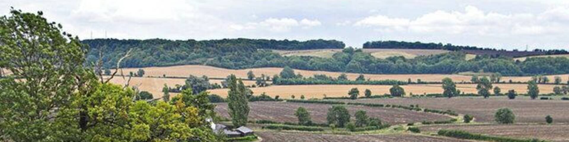 Willow Farm. Willow Farm and surrounding fields with the high ground of the Sundon Hills behind.