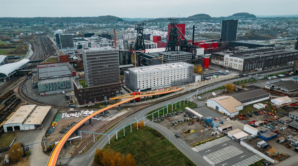 Aerial drone view of the 1.2km long cycling bridge inaugurated in 2022, the longest in Europe and Belval district