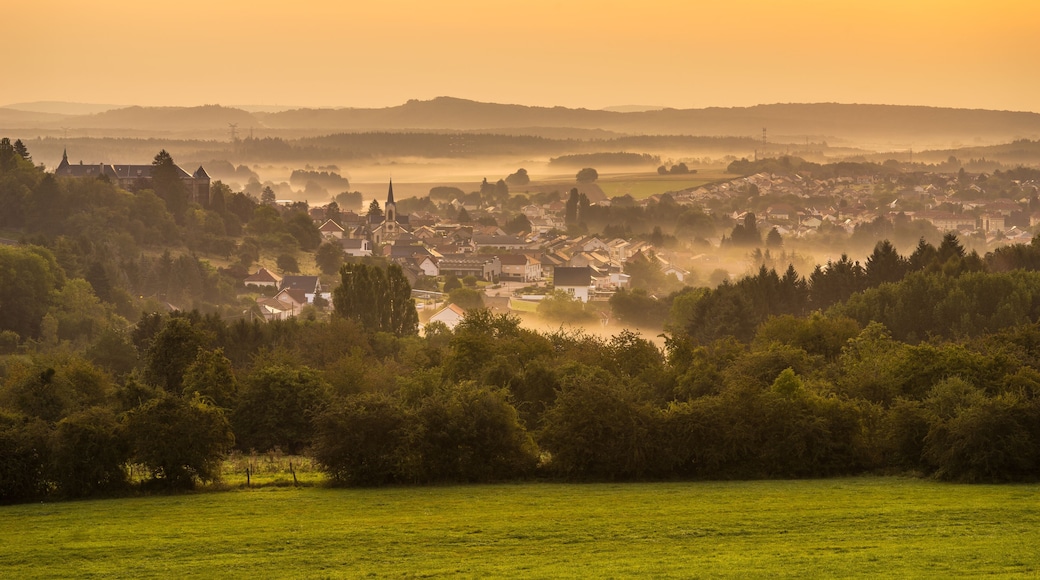Landscape with the village of Longeville les Saint Avold at sunrise in Lorraine France