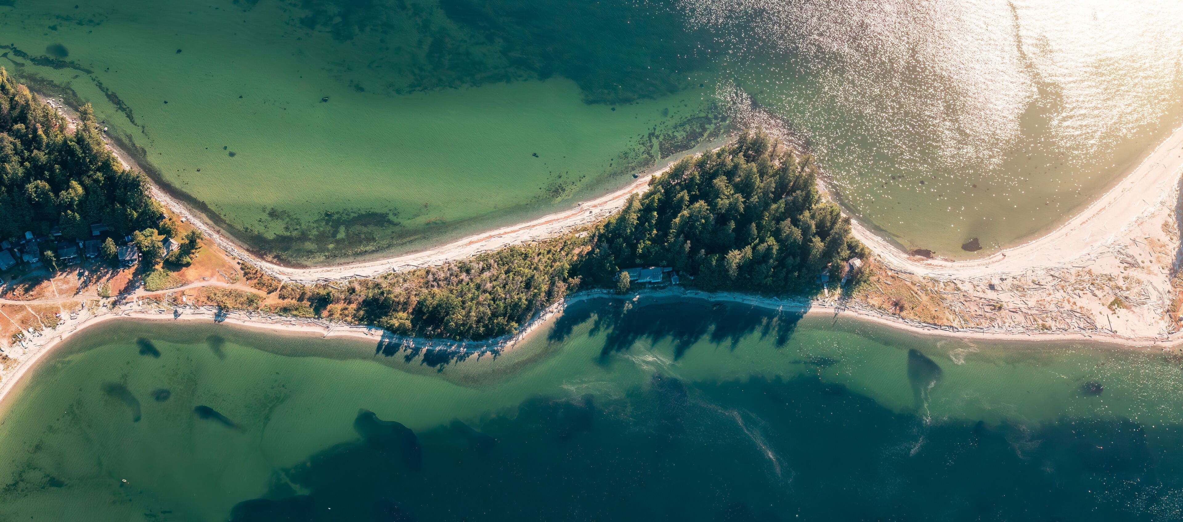 Sandy Beach and cabines on Thormanby Island near Sunshine Coast, British Columbia, Canada.
