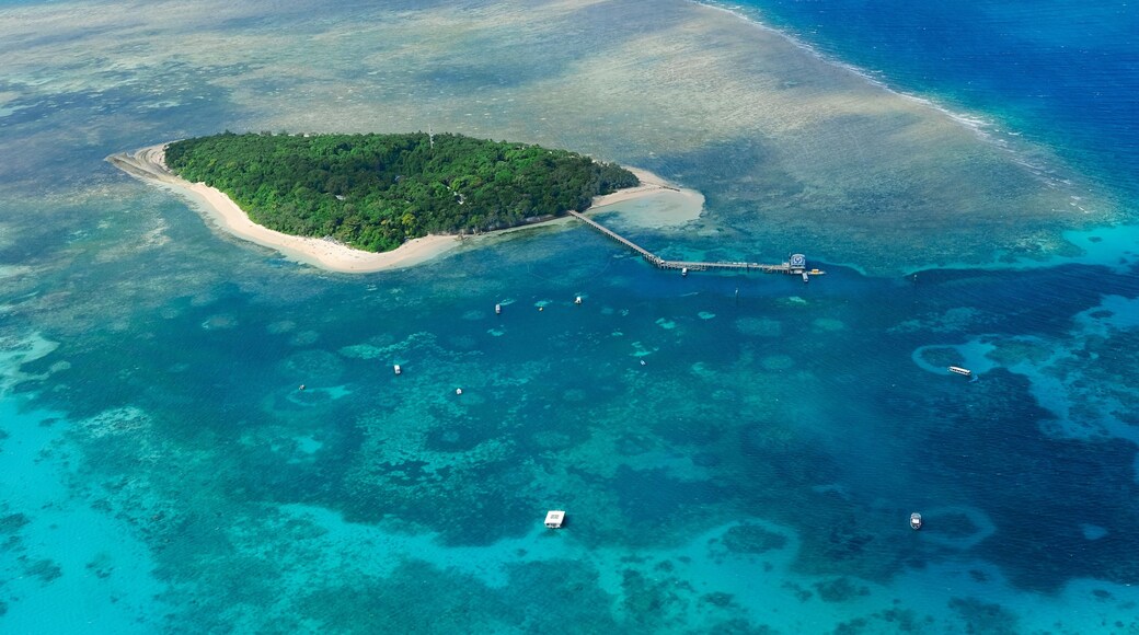 An aerial view of the coral reefs and clear turquoise waters surrounding Green Island, a small tropical isle in the outer Great Barrier Reef — Coral Sea, Cairns; Far North Queensland, Australia