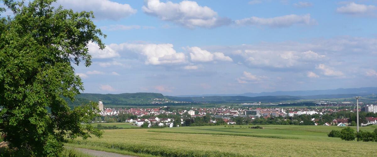 A rural landscape with a road, fields, and a town in the distance.