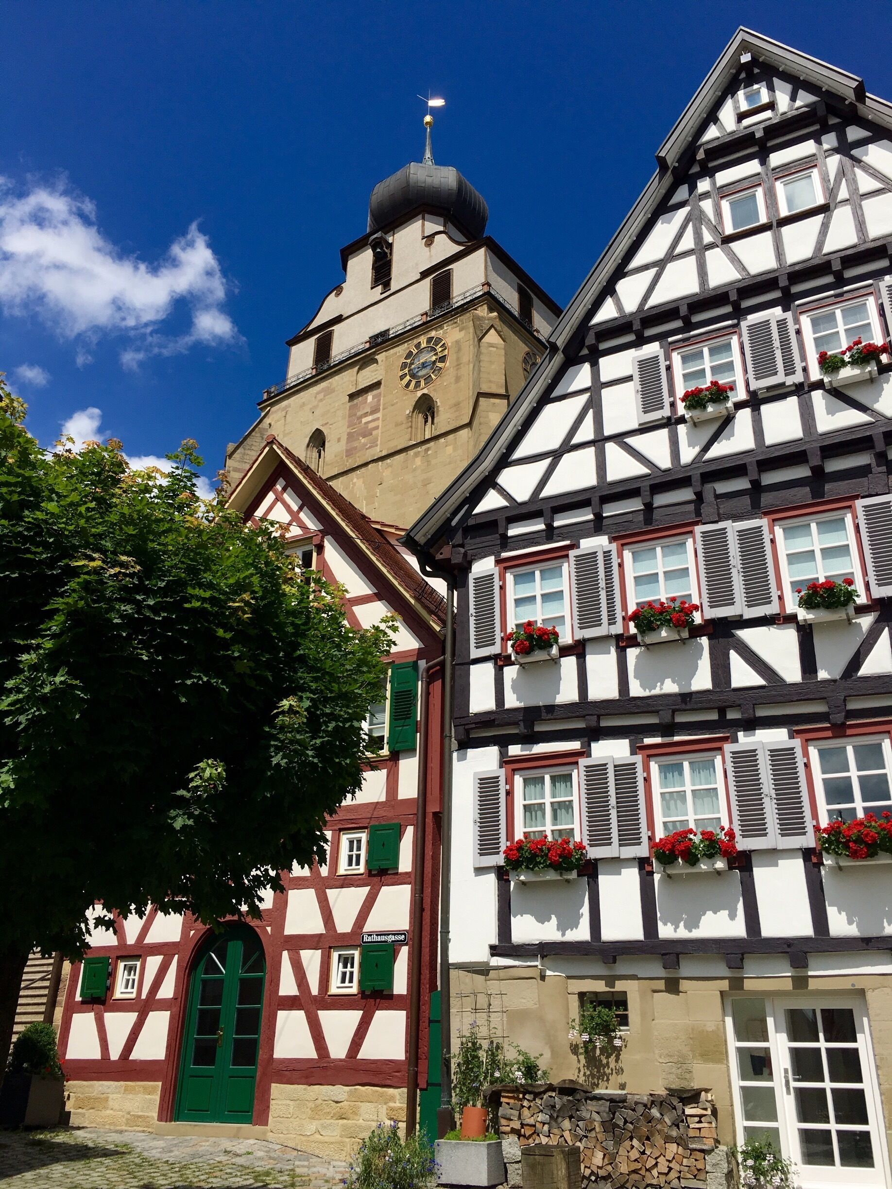 Timber-framed houses in front of the historical collegial church (Stiftskirche), Herrenberg

