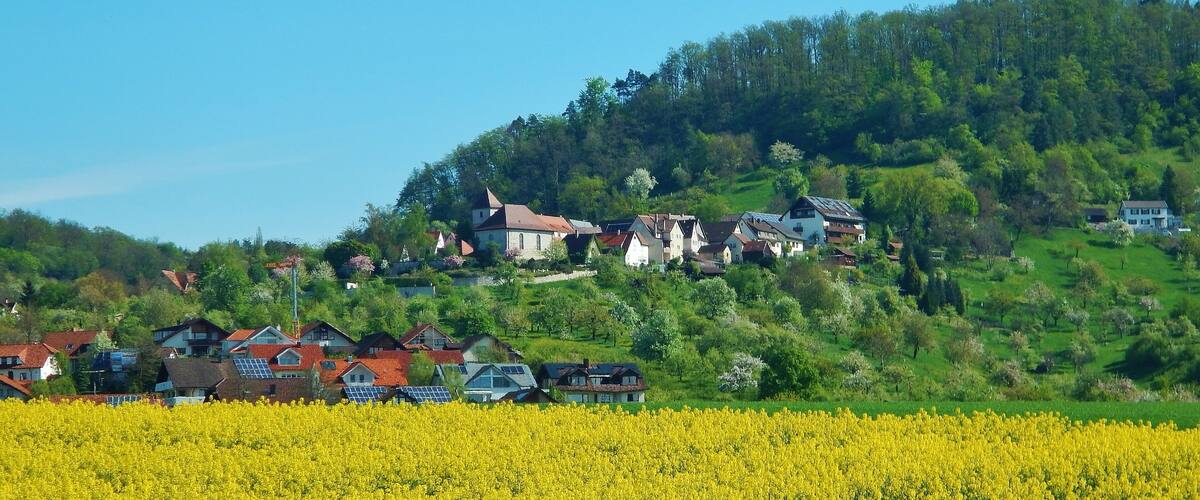 A village with houses on a hillside, surrounded by fields of yellow flowers.